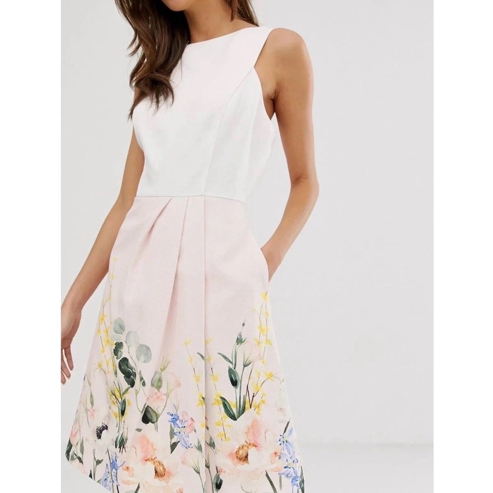 TED BAKER Kalla Floral Border Print Fit Flare Dress White Pink US 4 Pockets